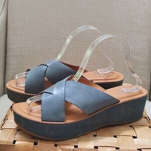 Kork-Ease Sabrina Blue Leather Criss Cross Platform Wedge Sandals